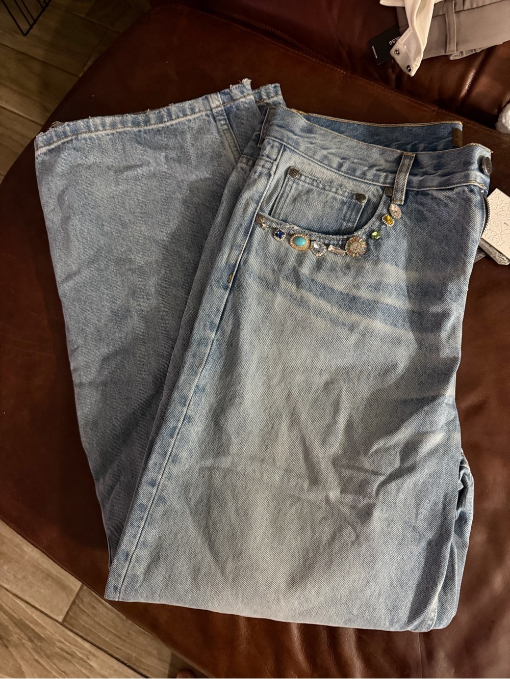Delicious Light Blue Boyfriend Jeans with Embellished Pocket